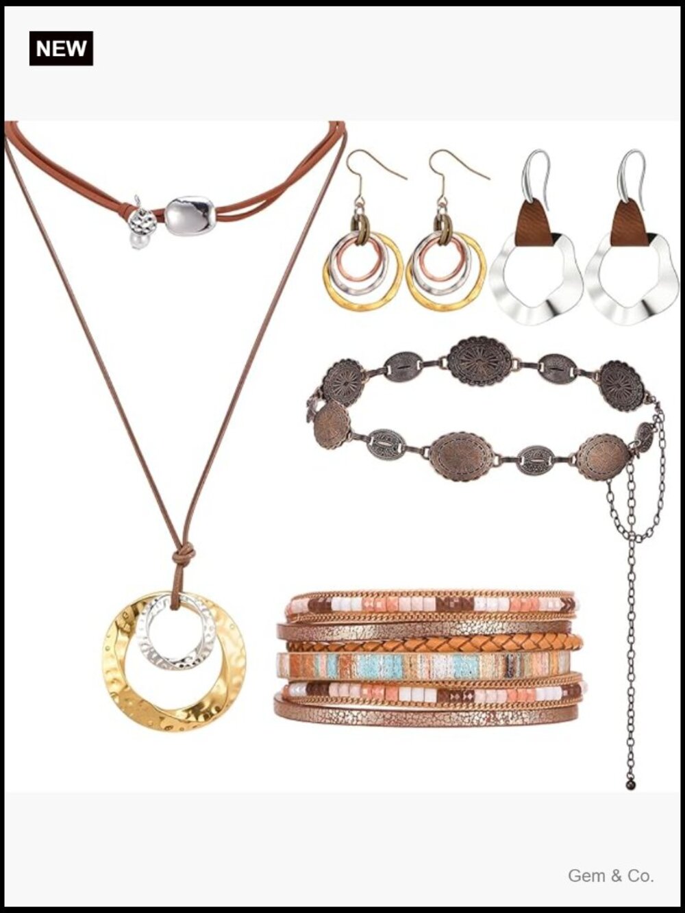 9-Piece Boho Turquoise Western Jewelry Set - Earrings Necklace Bracelet Ring